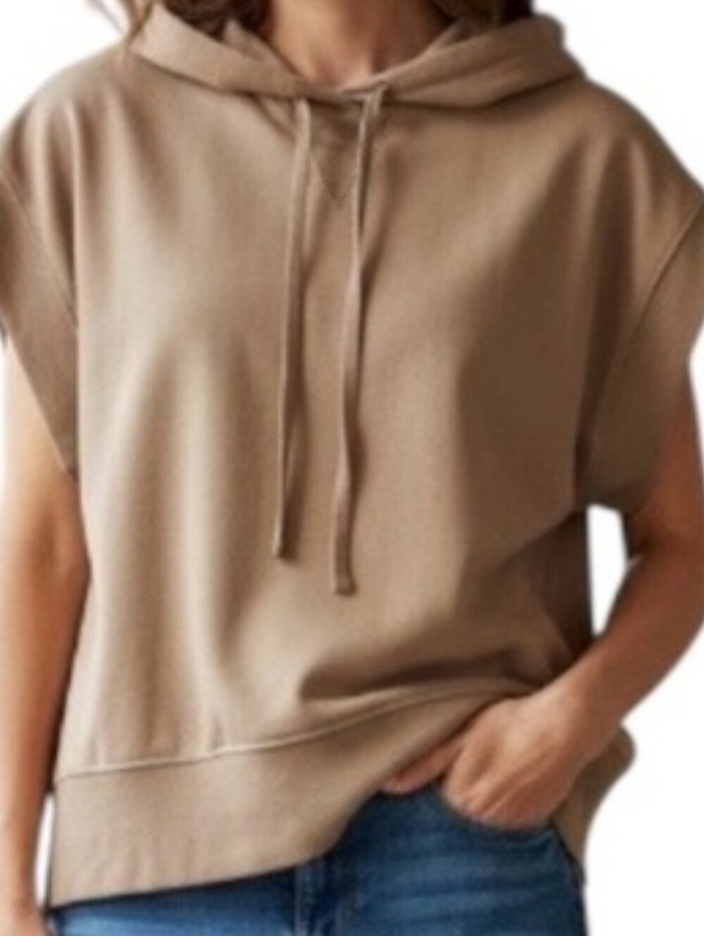 Zara Casual Sleeveless Hoodie in Camel Tan & Red Stripes. Ladies Medium
